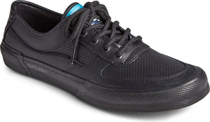 Low-top black sneaker with a lace-up closure and perforated side panel.