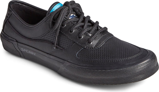 Low-top black sneaker with a lace-up closure and perforated side panel.