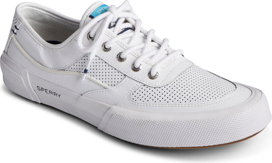 White sneaker with perforated upper and lace-up closure.