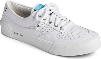 White, low-top sneaker with laces and perforated details, and a side logo.