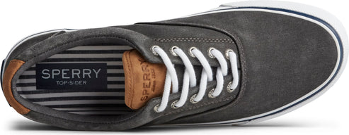 Gray casual sneaker with white laces, white sole, and striped insole with a visible brand label.