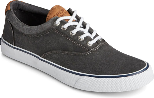 Charcoal canvas sneaker with white laces and sole, and brown leather inner lining.
