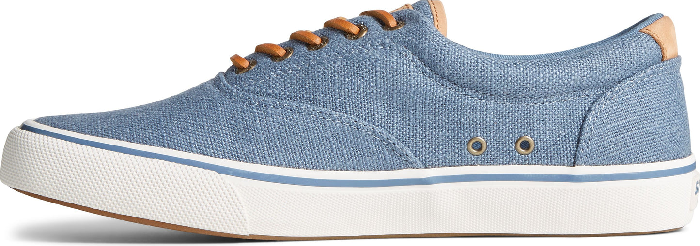 A light blue canvas sneaker with brown laces and a white sole.