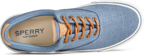 A top-down shot of a light-blue canvas shoe with brown laces and a white rubber sole. The insole features the text "SPERRY TOP-SIDER."