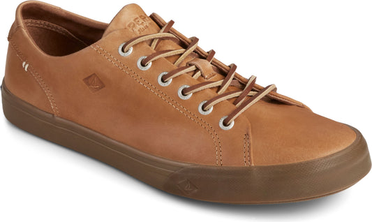Brown leather sneaker with laces and logo on the tongue.