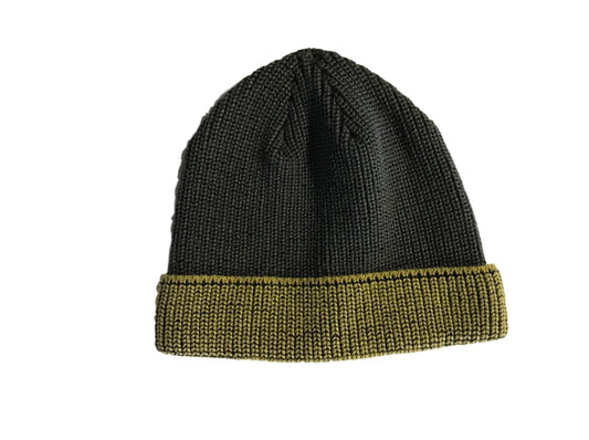 Black and olive green knit beanie.