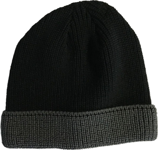 Black knit beanie with gray brim.