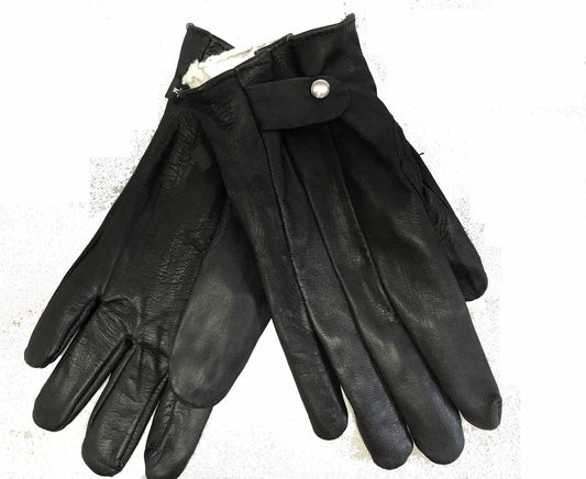 A pair of black leather gloves, one laying on top of the other, with a button clasp at the wrist.