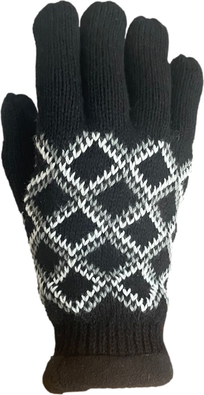 Knitted black glove with a white and light gray diamond pattern on the palm.