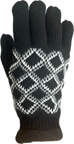 Knitted black glove with a white and light gray diamond pattern on the palm.