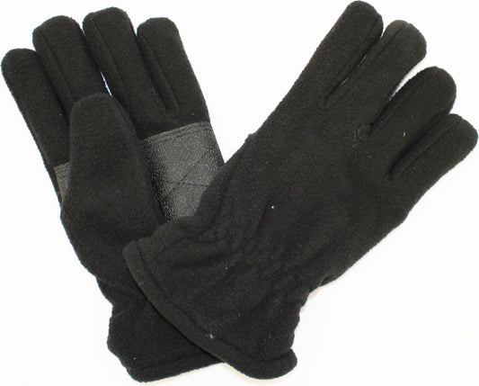 A pair of black fleece gloves with reinforced palms.