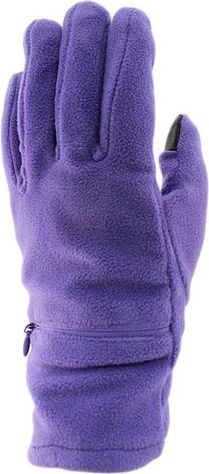 A close-up of a purple glove, with a zipper pocket on the wrist.