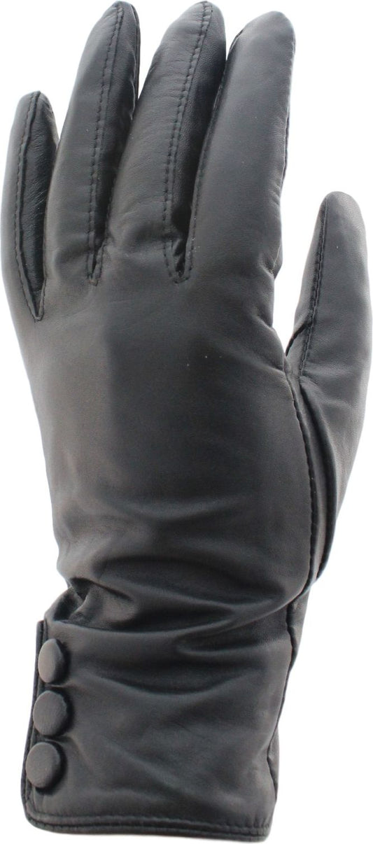 Black leather glove with three buttons on the wrist.