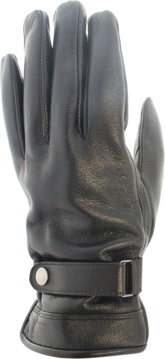 A black leather glove with a wrist strap.