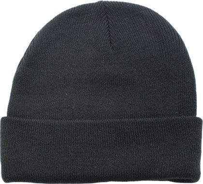 Black knit beanie with a folded brim.