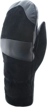 A black mitten with leather accents.