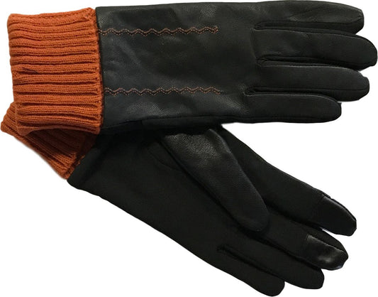 Pair of black leather gloves with orange knit cuffs.