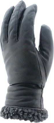 A black leather glove with a dark gray, furry trim at the wrist.