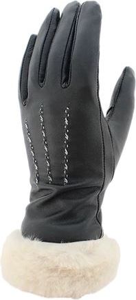 Black leather glove with cream-colored fur cuff.