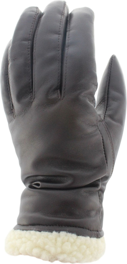 A gray leather glove with fur trim.