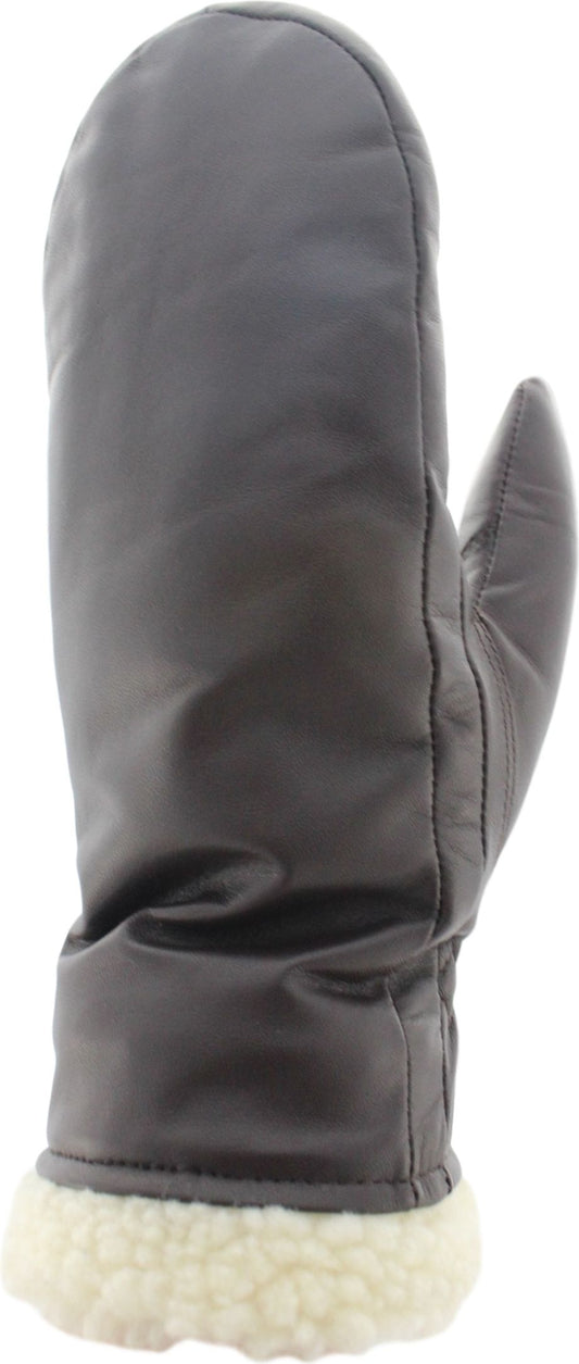 A grey leather mitten with a white faux fur cuff.