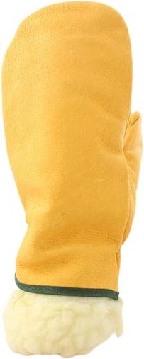 Yellow leather mitten with a wool cuff.