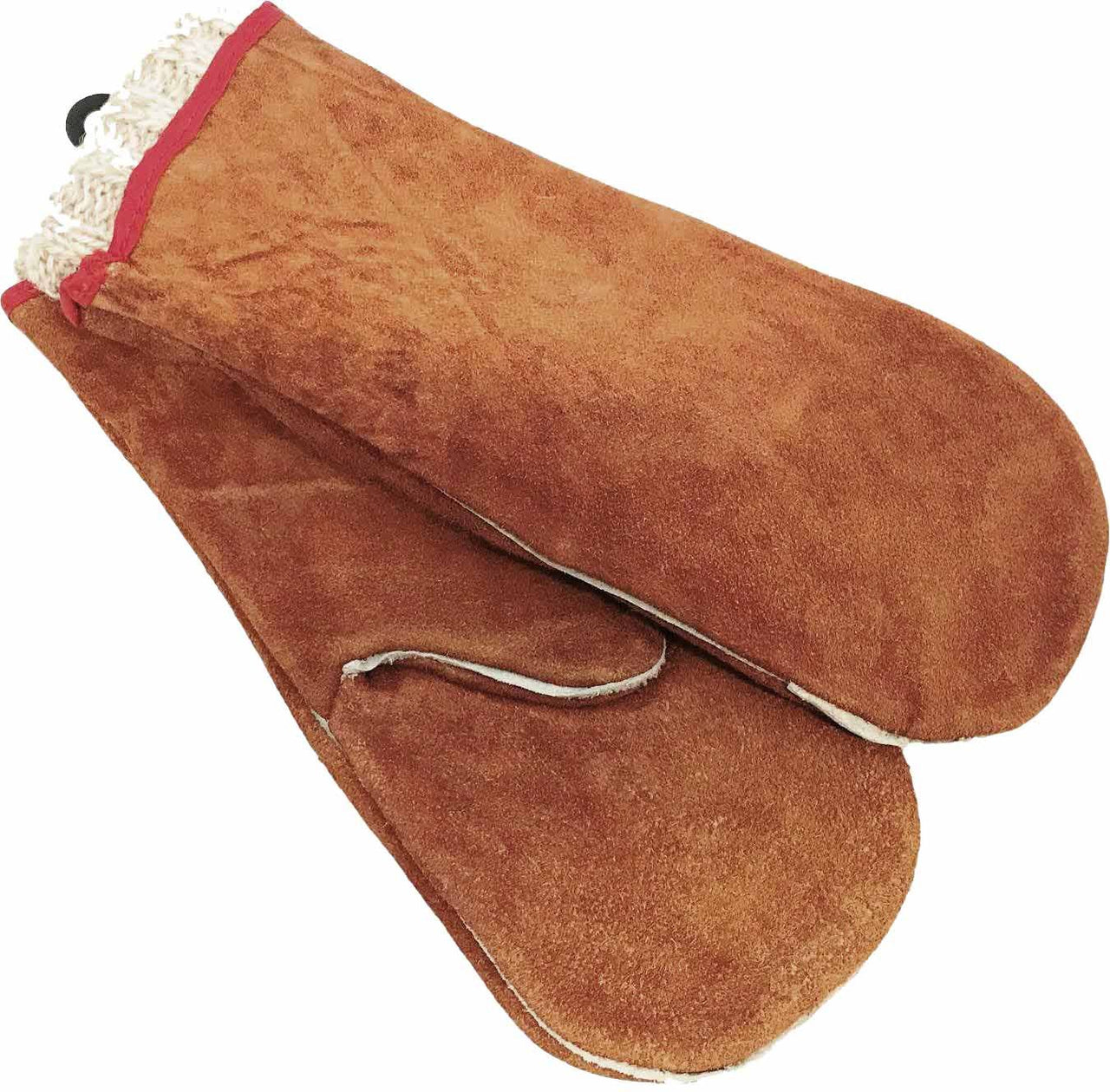 Brown suede oven mitt set with red trim.