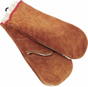 Brown suede oven mitt set with red trim.