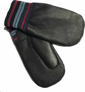 Black leather mittens with striped blue and red rib knit cuffs.