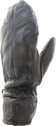 A black leather mitten with a stitched patchwork design.