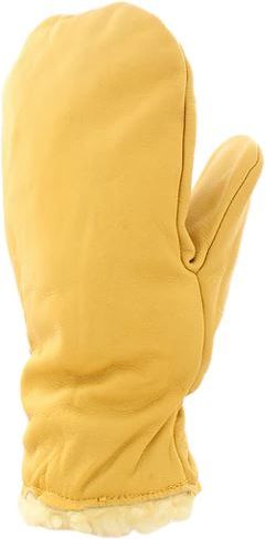 Yellow leather mitten.
