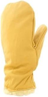 A single tan-colored leather mitten.