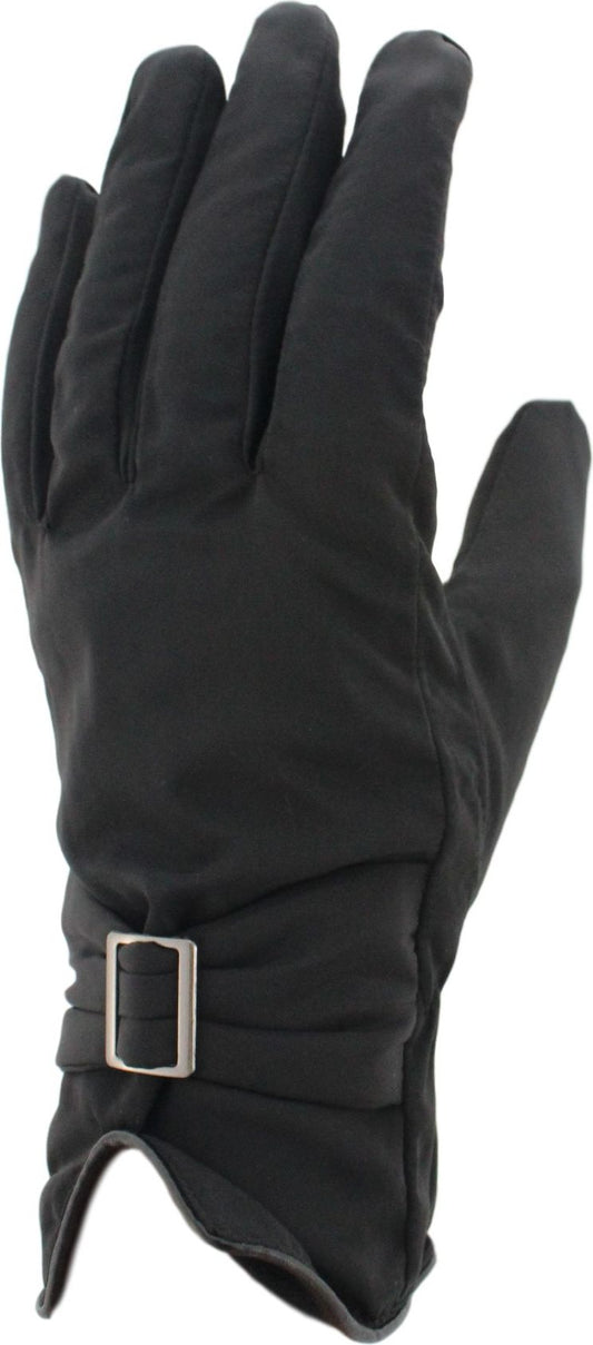 A close-up of a black glove with a metallic buckle around the wrist.