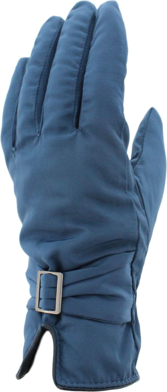 Blue glove with silver buckle.