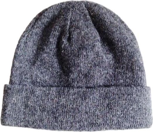 Gray knit beanie with folded brim.