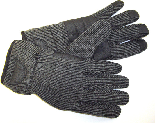 A pair of striped gray gloves with black leather accents and fingertips.