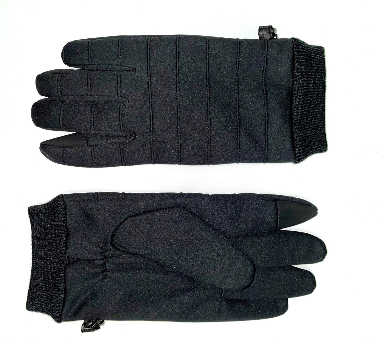 Two black gloves, one laying on top of the other, with ribbing on the wrist, and vertical stitching on the fingers.