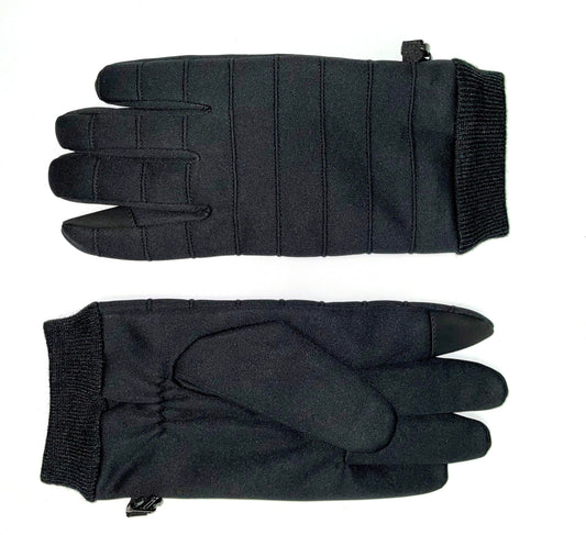Two black gloves, one laying on top of the other, with ribbing on the wrist, and vertical stitching on the fingers.