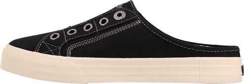 Black canvas slip-on sneaker with off-white sole.