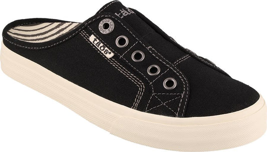 Black canvas slip-on sneaker with visible eyelets and logo, and a white sole.