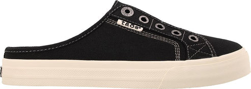 A black slip-on sneaker with a thick, cream-colored sole.