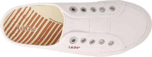 A white canvas shoe with no laces.