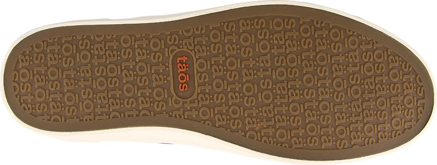 The rubber outsole of a shoe with repeating imprinted "Taos" logos.