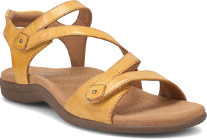 Yellow sandal with three adjustable velcro straps and a contoured footbed.