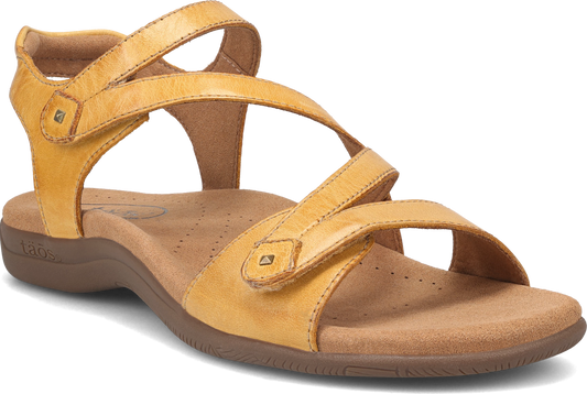 Yellow sandal with three adjustable velcro straps and a contoured footbed.