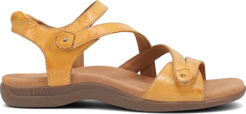 A yellow sandal with two straps, one across the toes and the other across the ankle.