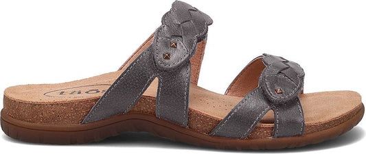 A pair of silver sandals with braided straps.