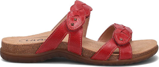 A pair of red leather sandals with braided straps.