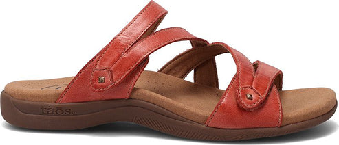 Red leather sandal with three straps and adjustable closures.