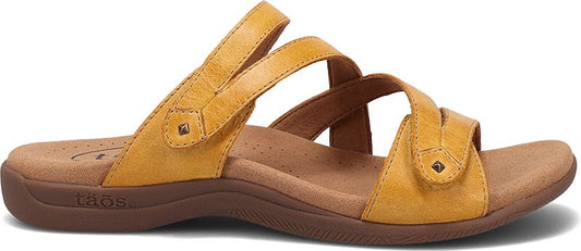 Yellow sandals with three straps and adjustable buckles.